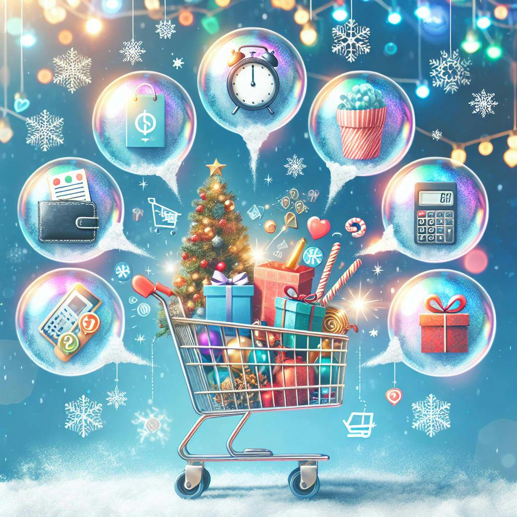 An image representing '6 Essential Tips for Successful Christmas Shopping'. Imagine a shopping cart overflowing with festive items like gift boxes, colorful string lights, and holiday sweets. Add a vibrant backdrop of decorated Christmas tree and the air filled with snowflakes, radiating the holiday spirit. On the corners, illustrate soft, translucent bubbles showcasing the symbols of the six tips: a clock (symbolizing time management), a list (planning), a wallet (budgeting), a calculator (price comparison), a map (store location), and a gift box (thoughtful gifting).
